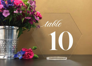 Elation Factory Co Weddings > Decorations > Serving & Dining > Table Décor > Table Numbers Hexagon Table numbers with stand, clear acrylic wedding table number, Geometric Wedding Table Decor, Plexiglass Table Number, Modern Wedding