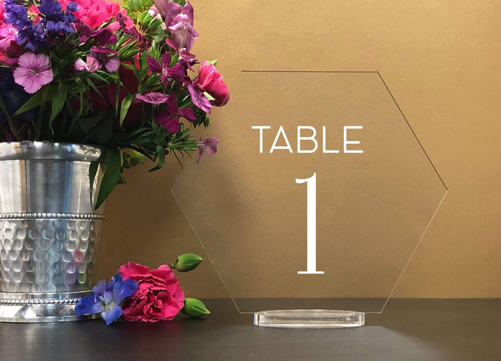 Elation Factory Co Weddings > Decorations > Serving & Dining > Table Décor > Table Numbers Hexagon Table numbers with stand, clear acrylic wedding table number, Geometric Wedding Table Decor, Plexiglass Table Number, Modern Wedding