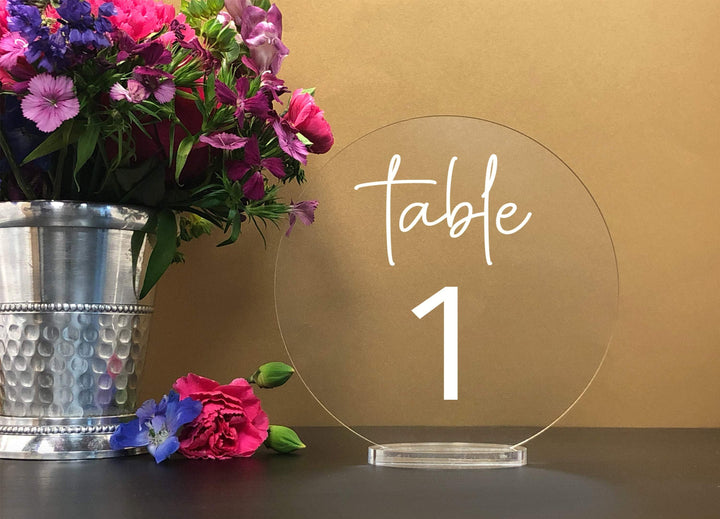 Elation Factory Co Weddings > Decorations > Serving & Dining > Table Décor > Table Numbers Round Table numbers with stand, clear acrylic wedding table number, Wedding Table Decor, Plexiglass Table Number, Modern Weddings