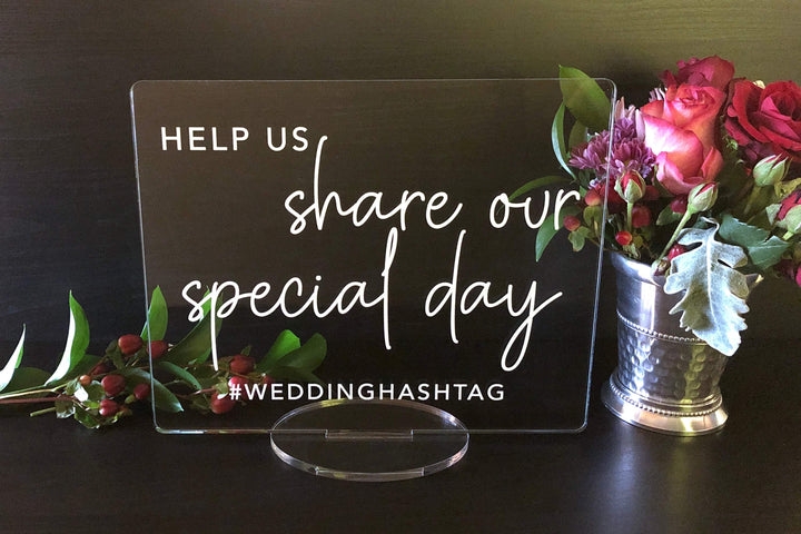 Elation Factory Co Weddings > Decorations > Signs Help Us Share Our Special Day - Social Media Sign, Add You Custom Hashtag Acrylic Wedding Sign
