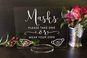 Elation Factory Co Weddings > Decorations > Signs Masks Please Take One or Wear your Own, Social Distancing Clear Acrylic Wedding or Business Event Sign, COVID 19 Safety