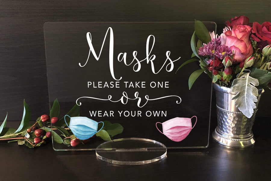 Elation Factory Co Weddings > Decorations > Signs Masks Please Take One or Wear your Own with Masks in Color, Social Distancing Clear Acrylic Wedding or Business Event Sign, COVID 19 Safety