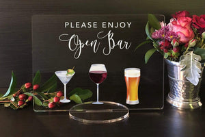 Elation Factory Co Weddings > Decorations > Signs Please Enjoy Wine, Beer and Spirits - Open Bar Sign - Open Bar for Wedding, Bar Menu Sign, Wedding Open Bar - Wine - Beer Acrylic Wedding Sign