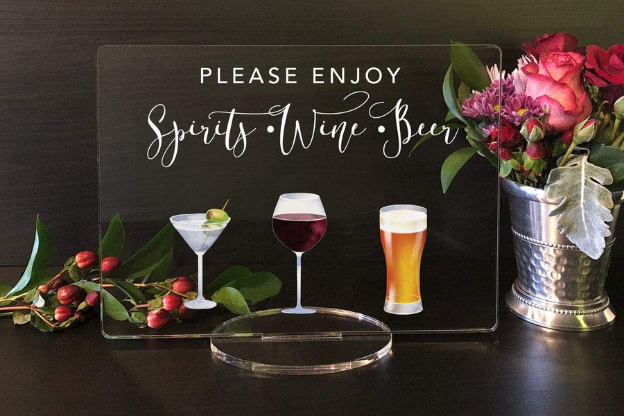 Elation Factory Co Weddings > Decorations > Signs Please Enjoy Wine, Beer and Spirits - Open Bar Sign - Open Bar for Wedding, Bar Menu Sign, Wedding Open Bar - Wine - Beer Acrylic Wedding Sign