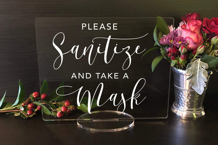 Elation Factory Co Weddings > Decorations > Signs Please Sanitize And Take A Mask, Social Distancing Clear Acrylic Wedding or Business Event Sign, COVID 19 Safety