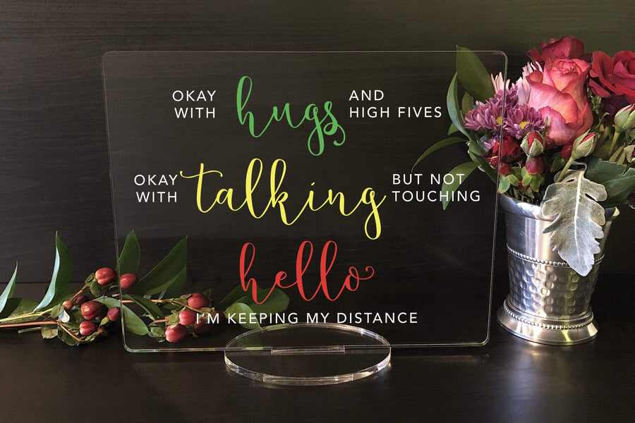 Elation Factory Co Weddings > Decorations > Signs Social Distancing Wristband Sign - Clear Acrylic Wedding or Business Event Sign, COVID 19 Safety